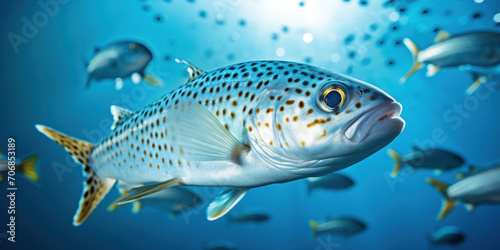 Close-up of a spotted fish swimming serenely among a school of fish in the tranquil blue waters of the ocean.