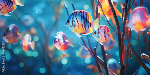 A group of colorful tropical discus fish elegantly gliding amongst intricate coral plantations in a mesmerizing underwater scene.