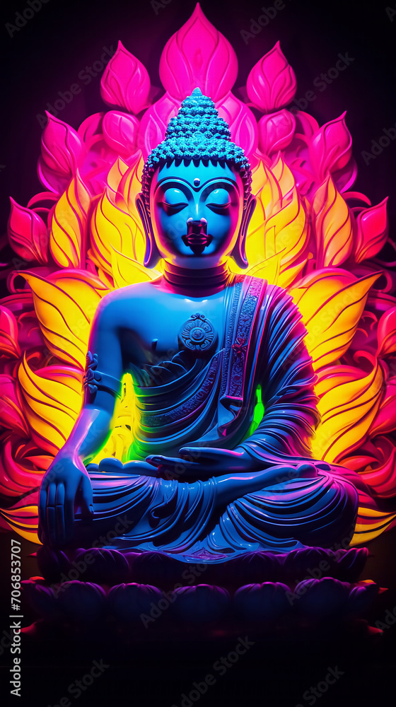 Buddha statue in neon light Buddha statue in neon light