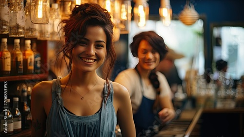 Beautiful young woman barista in apron smiling while working in cafe