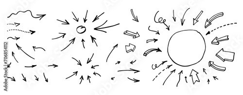Arrow vector set. Sketch line hand-drawn arrow icons. vector ink pen direction signs. Wavy, curved, spiral and dotted line sketch drawn arrows for social media. Isolated doodle info graphic elements
