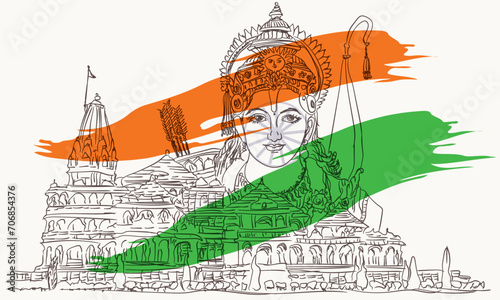 Indian flag or three colors, ayodhya ram mandir with god rama isolated white bakground