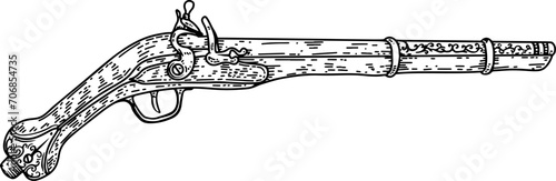 Hand drawn illustration of an old gun, mushket. Vector illustration