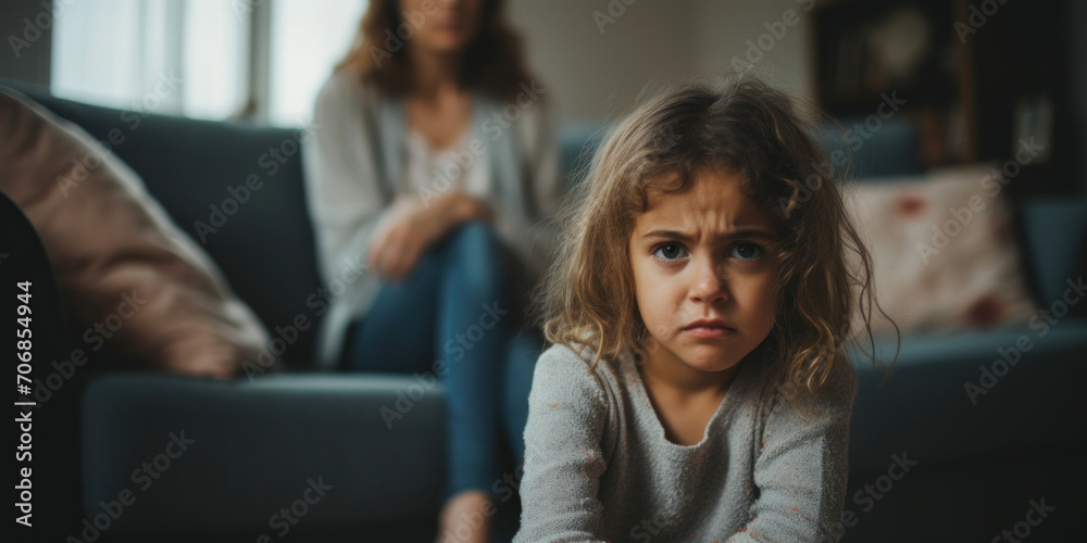 A young girl looking upset in the foreground with a concerned mother blurred in the background.