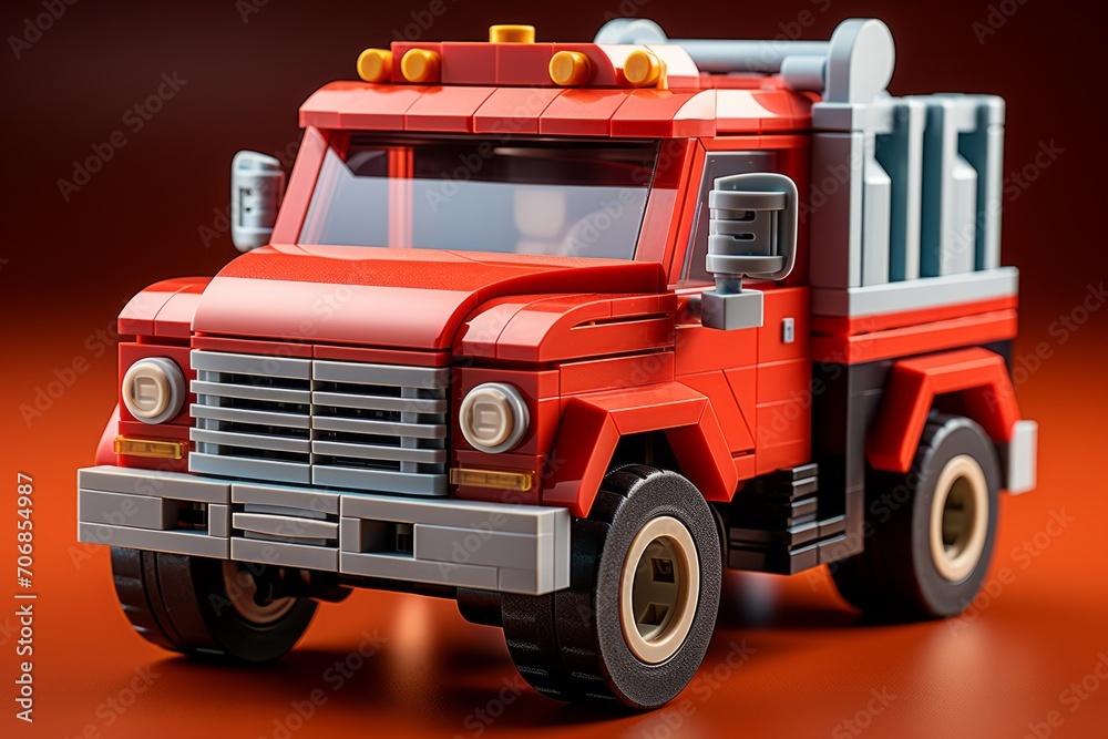 3D Render of a Fire Truck Toy, on an isolated Fire Engine Red background, Generative AI