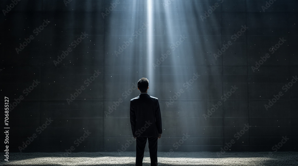 Obraz premium Ray of the light. businessman is find the exit, successfully way to avoid problem. leaving situation and find a new ways.