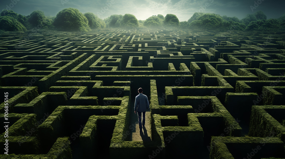 Tiny man entering a mysterious maze, labyrinth. Making right decision concept - obrazy, fototapety, plakaty 