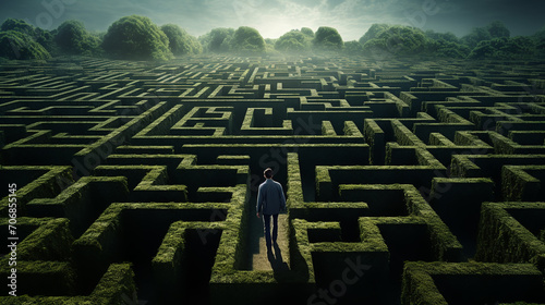 Tiny man entering a mysterious maze, labyrinth. Making right decision concept photo