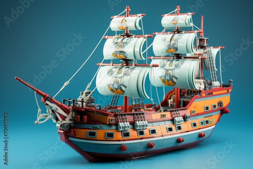 Pirate Ship Toy, on an isolated Pirate Blue background, Generative AI