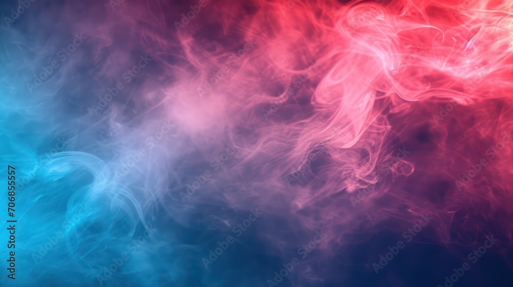 Colorful blue, pink and red smoke on a black isolated background. 