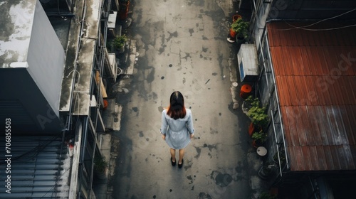 A young Asian woman walking on the street