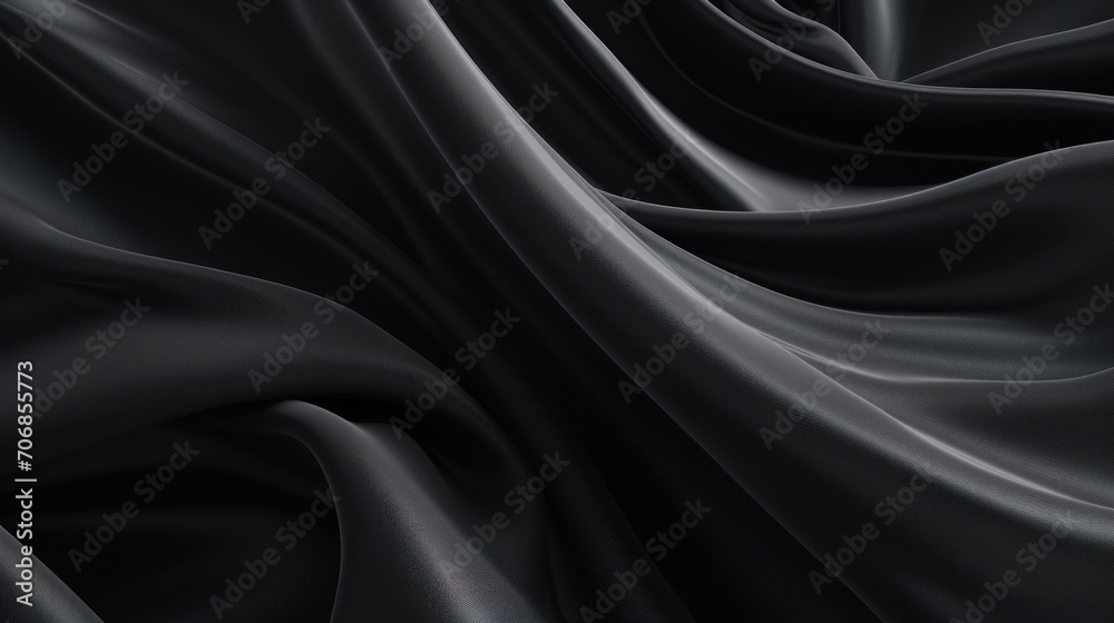 Close-up of a luxurious black satin fabric with smooth, graceful folds creating a sophisticated texture.