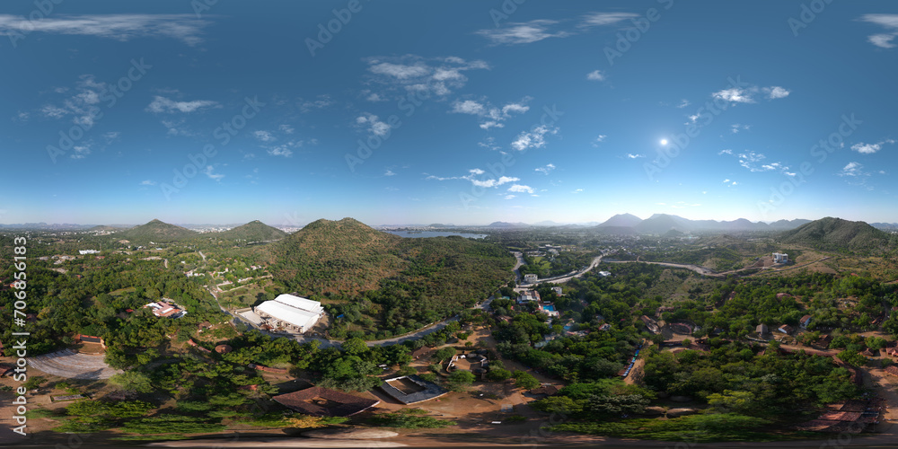 Udaipur city mountains aerial view VR 360 spherical panorama 8K