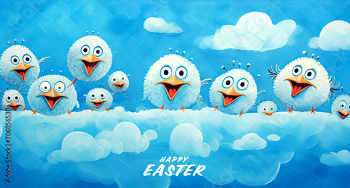 Bannerwith  baby chicken on blue clouds. Happy Easter card. Spring concept. Smiling blue birds photo