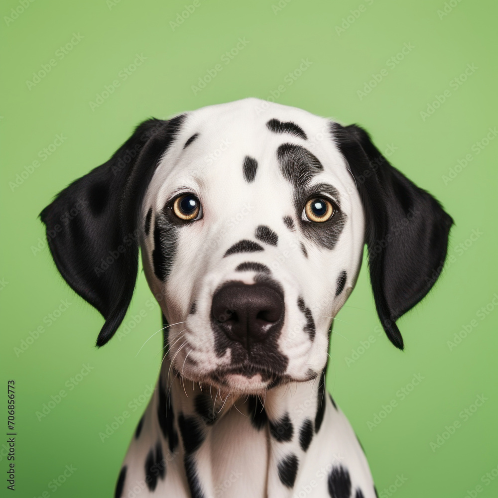 A close-up portrait of a Dalmatian dog with distinctive spots and alert gaze against a vivid blue background.