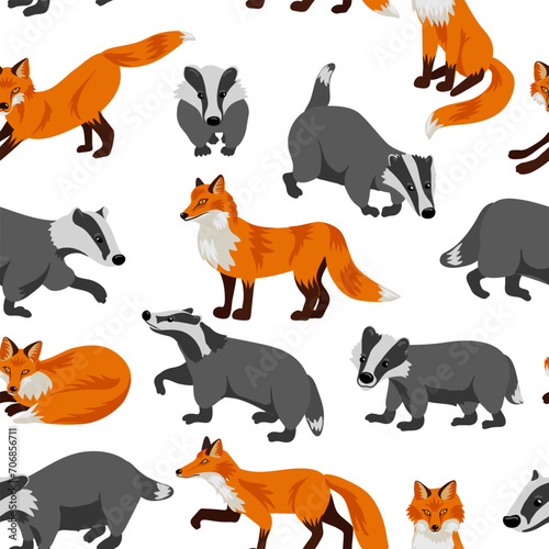 vector drawing seamless pattern with badgers and red foxes  hand drawn animals at white background   cartoon style cover