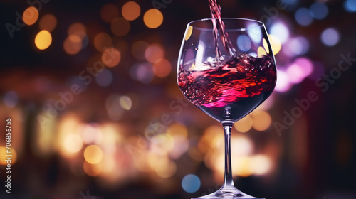 Red wine being poured into a glass, capturing the dynamic splash with a warm bokeh light background.