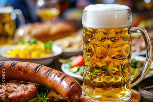 The lively spirit of Oktoberfest  with overflowing beer steins and flavorful bratwurst