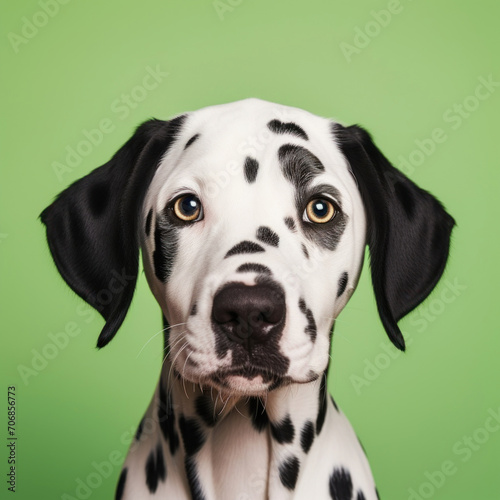A close-up portrait of a Dalmatian dog with distinctive spots and alert gaze against a vivid blue background. © tashechka