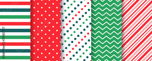 Christmas seamless pattern. Xmas, New year backgrounds. Set textures with stripes, polka dots and zigzag. Red green elegant prints for scrapbooking. Festive wrapping paper. Vector illustration