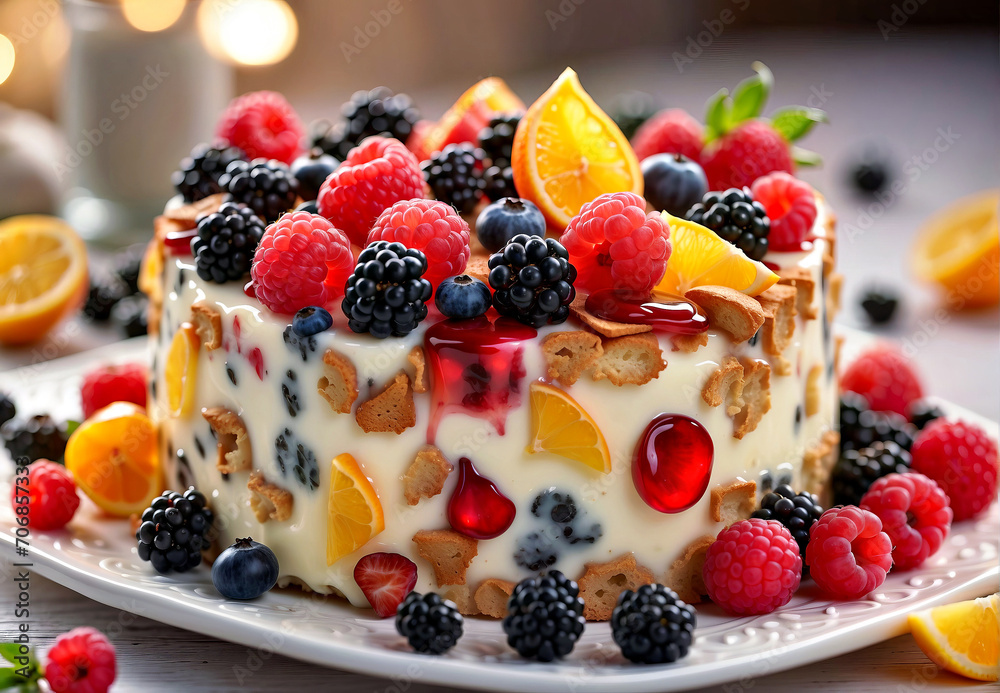Cake With Berries, Oranges, and Raspberries on a Plate Cake With Berries, Oranges, and Raspberries on a Plate