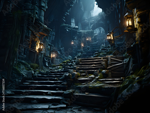 A dark, old cave with wooden stairs on it