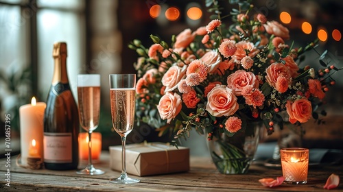 Champagne and beautiful rose bouquet. Romantic date  candle light dinner setting