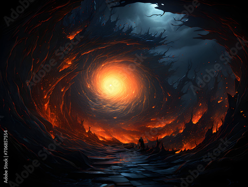 A dark scene of a blue fire bursting through a cave