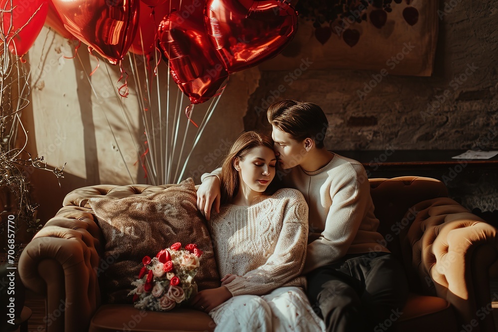 Happy young couple with heart-shaped balloons on color background. Valentine's Day celebration