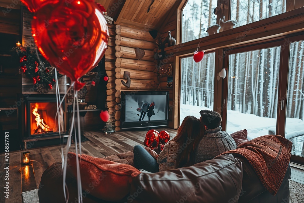 A cute couple in a large wooden house decorated with red heart-shaped balloons for Valentine's Day - obrazy, fototapety, plakaty 