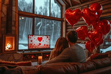 A cute couple in a large wooden house decorated with red heart-shaped balloons for Valentine's Day