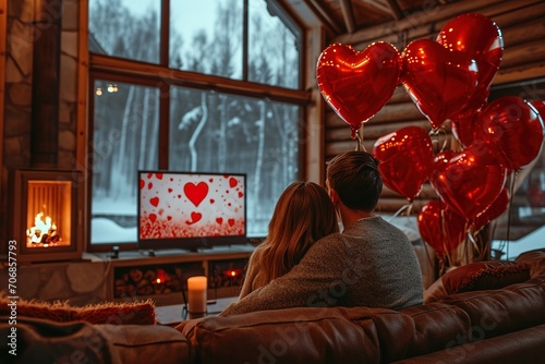 A cute couple in a large wooden house decorated with red heart-shaped balloons for Valentine's Day