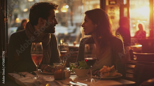 Side view portrait of laughing couple enjoying date in cafe photo