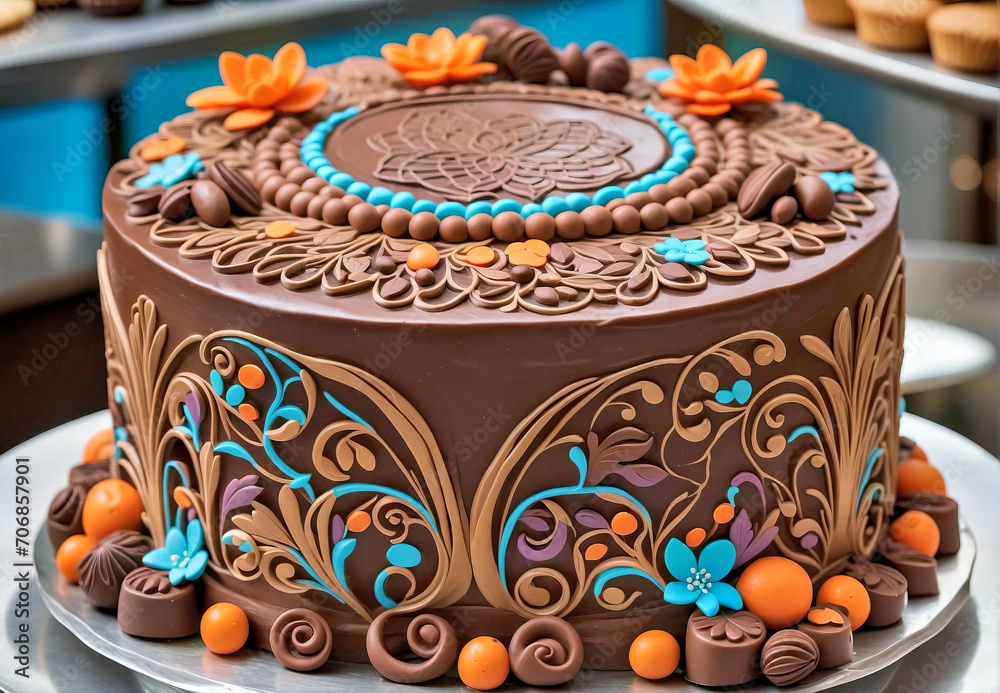 Chocolate Cake With Orange and Blue Decorations