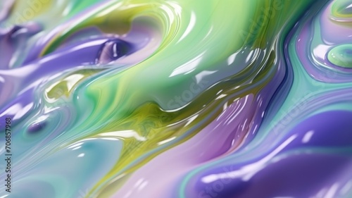 The close up of a glossy liquid surface abstract in lavender  mint green  and olive green colors with a soft focus. 3D illustration of exuberant. generative AI