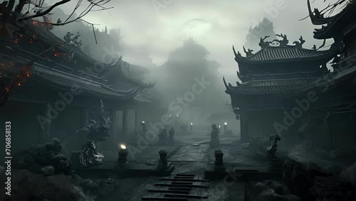 An ancient temple guarded by a host of ghastly creatures slowly creeping forward through the barren fog. photo