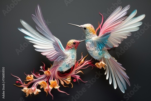 Paper art hummingbirds in flight on a black background © crazyass