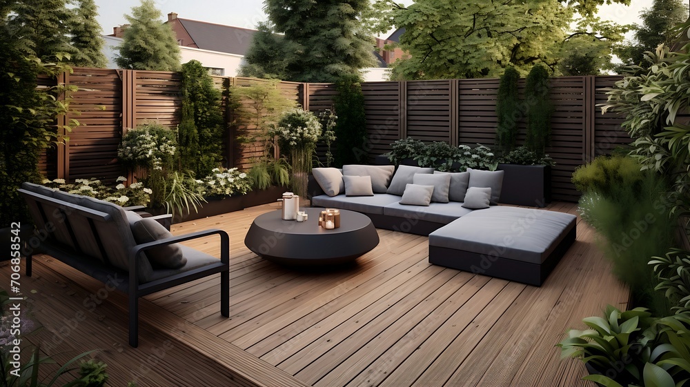 3d rendering of a beautiful terrace with a view of the garden 3d rendering of a beautiful terrace with a view of the garden