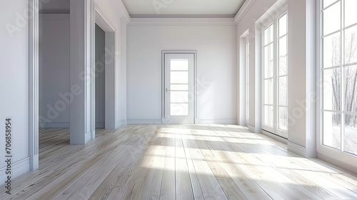 A room with a wooden floor and a large window. This asset is suitable for interior design  architecture  real estate  and home renovation concepts. Empty room in a bright clean interior  