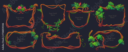 Set of liana branch frames with green leaves, flowers isolated on black background. Vector cartoon illustration of twisted jungle plant vines with foliage, game borders for ui design, tropical garden