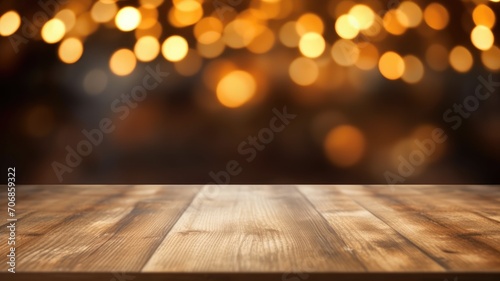 The empty wooden table top with bokeh background. Exuberant image. generative ai