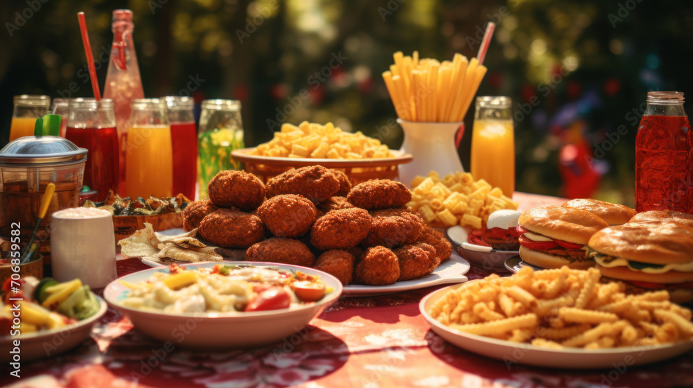 An array of delicious picnic foods laid out on a table under the warm sunlight, perfect for a summer feast.