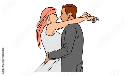 line art color of happy married man and woman. Romantic young wedding couple