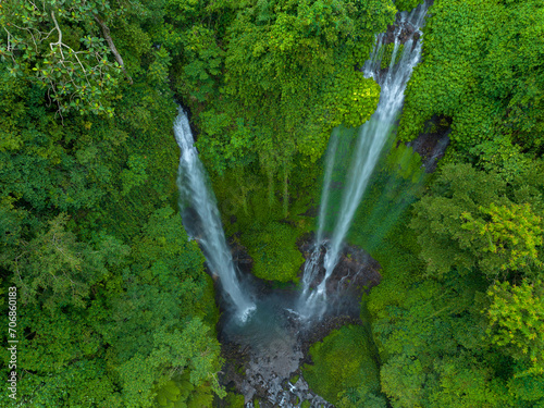 Aerial view of Sekumpul Waterfall in Bali Island, Indonesia