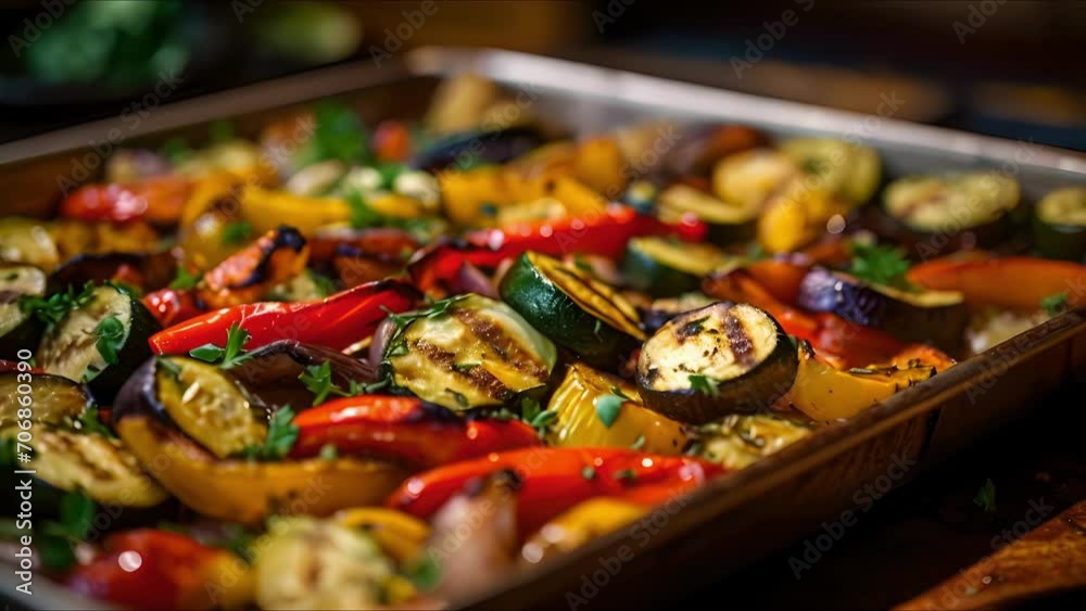 Closeup of a tray of roasted vegetables, including zucchini, eggplant, and peppers, fresh out of the oven.