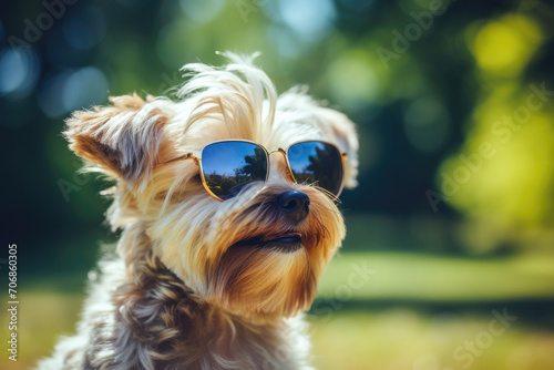 Portrait of terrier dog wearing glasses outdoors in summer © Aleksandr Bryliaev