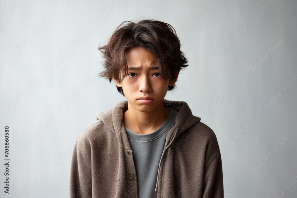 Fototapeta premium Upset crying misunderstood stressed sad Asian teengaer on studio background. Worried child unrequited love or war. Social economic psychological age problems parenting concept