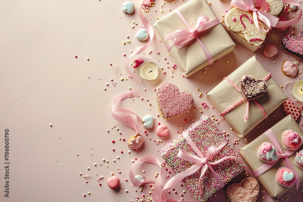 Valentine's Day concept. Top view photo of gift boxes with ribbon bows heart shaped candies candles Valentine's Day concept. Top view photo of gift boxes with ribbon bows heart shaped candies candles