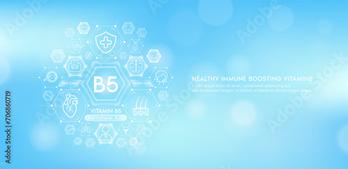 Vitamin B5 or Pantothenic Acid with medical icons. Vitamins minerals from natural essential health skin care body organs healthy. Build immunity antioxidants digestive system. Banner vector EPS10.
