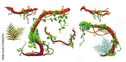 Set of liana branches with green leaves and flowers isolated on white background. Vector cartoon illustration of twisted jungle plant vines with foliage, rainforest tree stems, old root vegetation